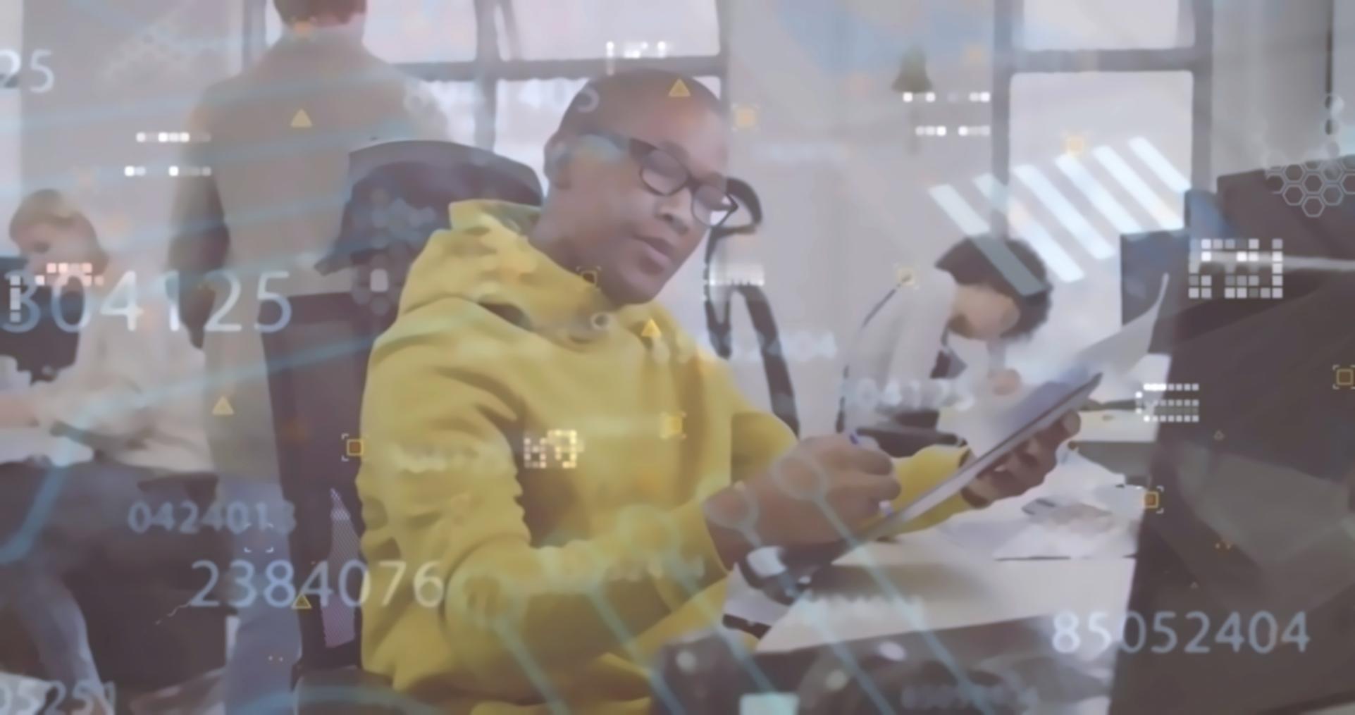 Agricultural professionals collaborating on blockchain technology solutions